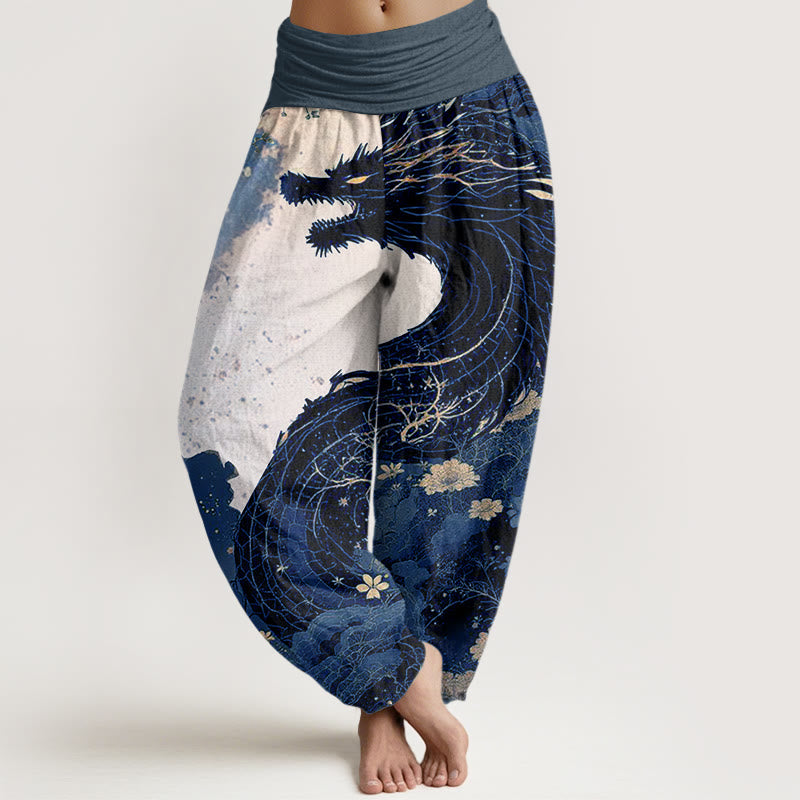Pantalones bombachos de cintura elástica para mujer con estampado informal de piedras de Buddha Stones, dragón y árbol antiguo, de algodón. - Azul acero - US22，UK/AU26，EU54 (6XL) - image 7