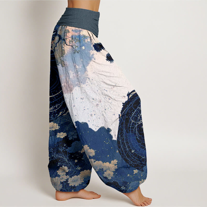 Pantalones bombachos de cintura elástica para mujer con estampado informal de piedras de Buddha Stones, dragón y árbol antiguo, de algodón. - image 8