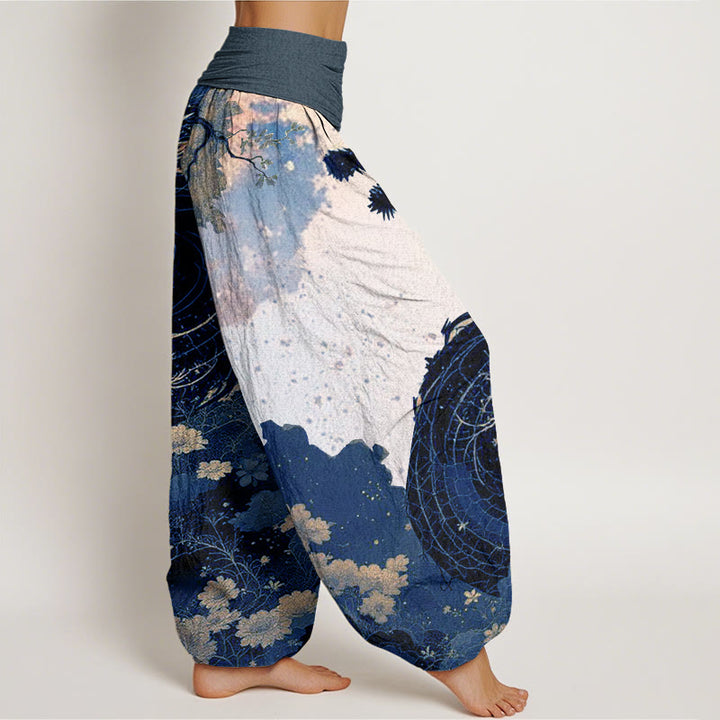 Pantalones bombachos de cintura elástica para mujer con estampado informal de piedras de Buddha Stones, dragón y árbol antiguo, de algodón. - image 8