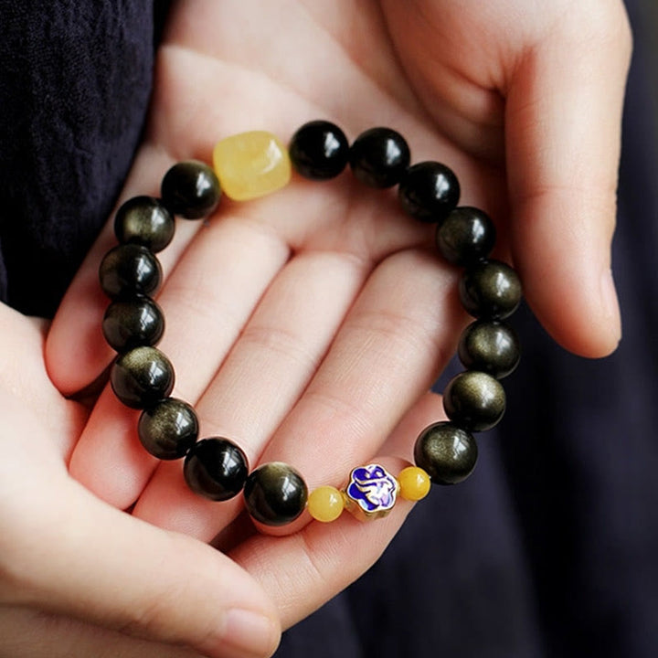 Pulsera de protección de la riqueza, Plata de Ley 925 con Buddha Stones , zodíaco chino, Buda natal, brillo de oro Natural, obsidiana, ámbar - image 9