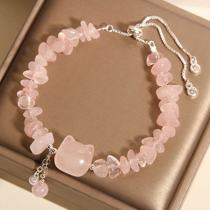 Pulsera relajante con cabeza de gato de piedra de grava de ágata de cristal rosa natural de Buddha Stones - image 2