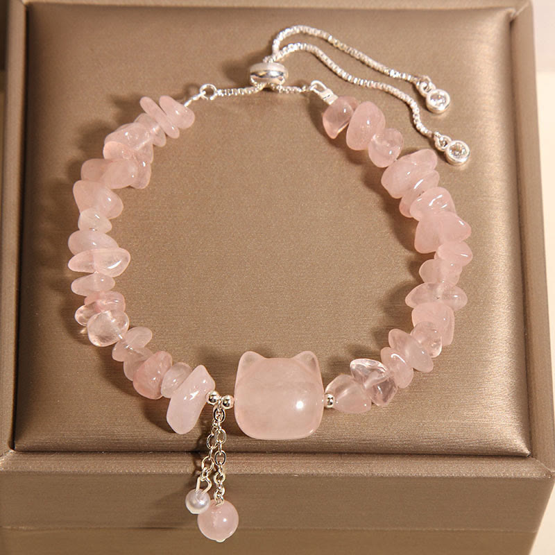 Pulsera relajante con cabeza de gato de piedra de grava de ágata de cristal rosa natural de Buddha Stones - Cristal rosa (circunferencia de muñeca 14-16 cm) - image 1