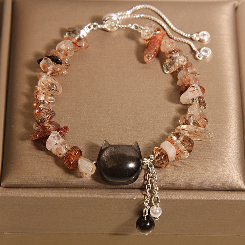 Pulsera relajante con cabeza de gato de piedra de grava de ágata de cristal rosa natural de Buddha Stones - Cristal de ágata (circunferencia de la muñeca: 14-16 cm) - image 6