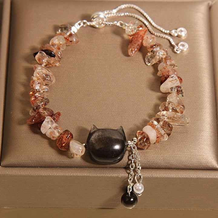 Pulsera relajante con cabeza de gato de piedra de grava de ágata de cristal rosa natural de Buddha Stones - Cristal de ágata (circunferencia de la muñeca: 14-16 cm) - image 6