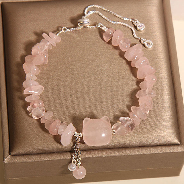 Pulsera relajante con cabeza de gato de piedra de grava de ágata de cristal rosa natural de Buddha Stones - image 4