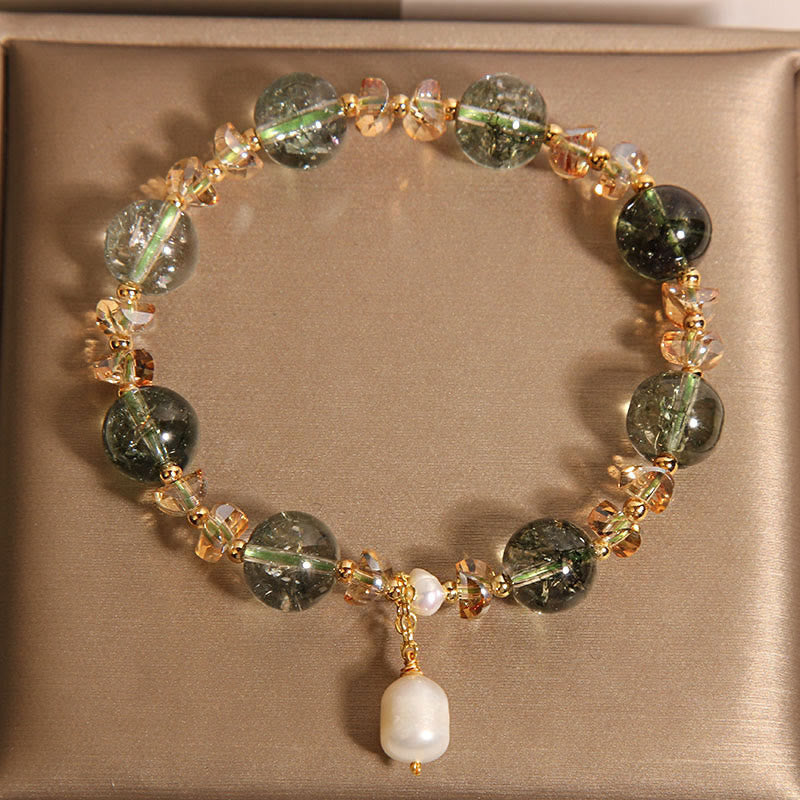Pulsera de confianza con Buddha Stones, perla fantasma verde natural, grava y cristal