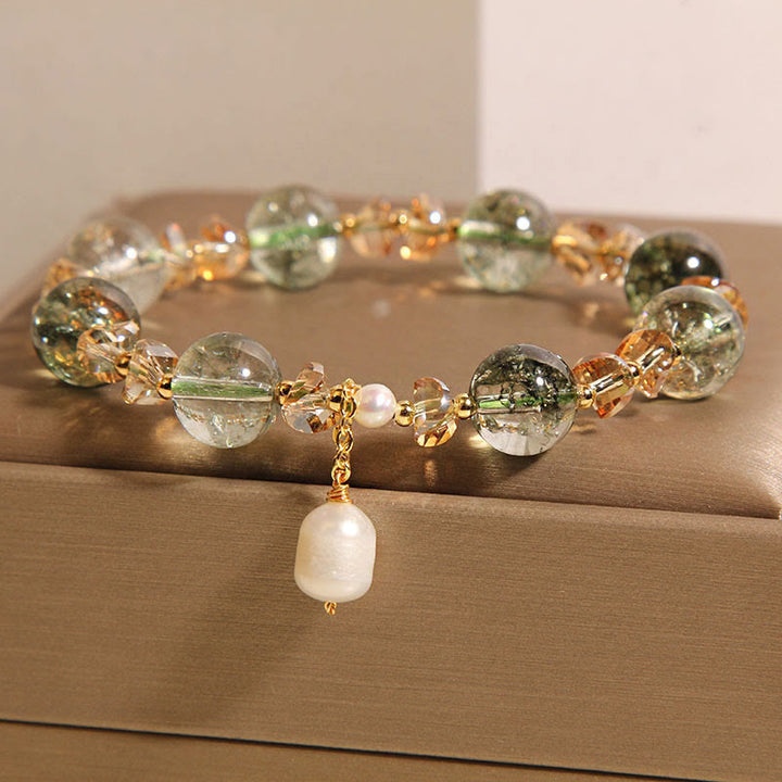 Pulsera de confianza con Buddha Stones, perla fantasma verde natural, grava y cristal