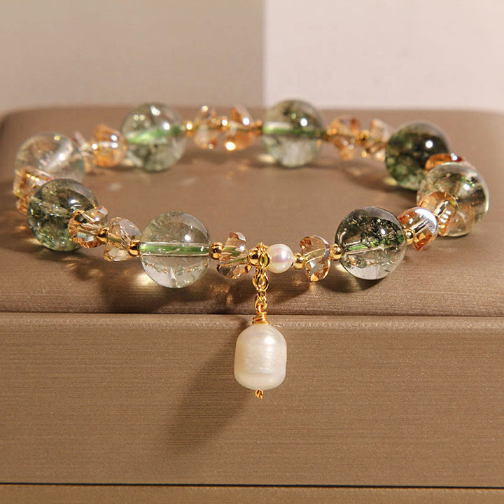 Pulsera de confianza con Buddha Stones, perla fantasma verde natural, grava y cristal