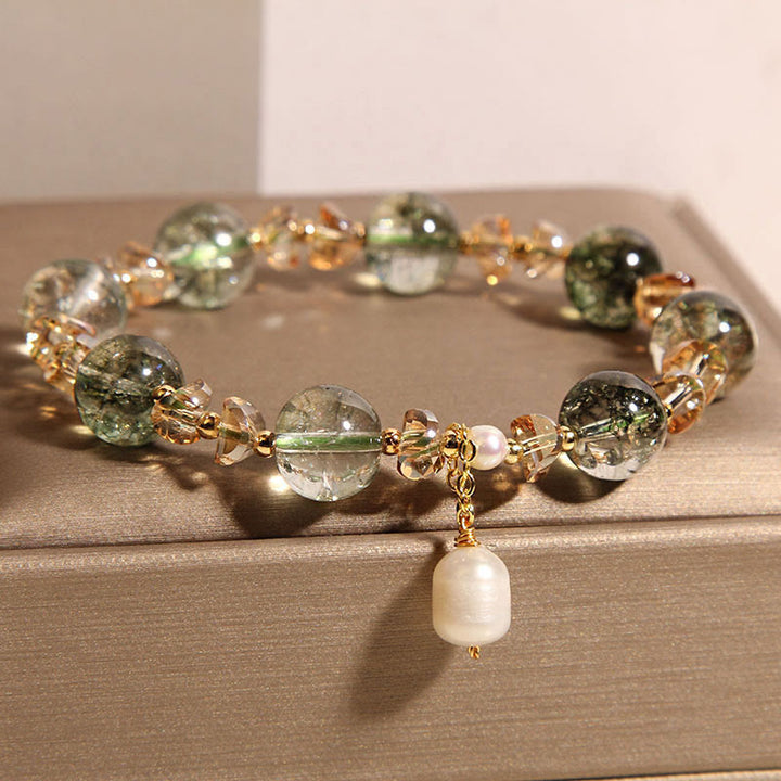 Pulsera de confianza con Buddha Stones, perla fantasma verde natural, grava y cristal