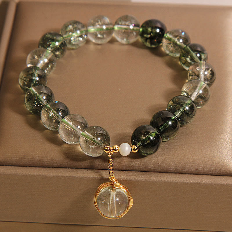 Pulsera de la suerte de cristal fantasma verde natural con Buddha Stones