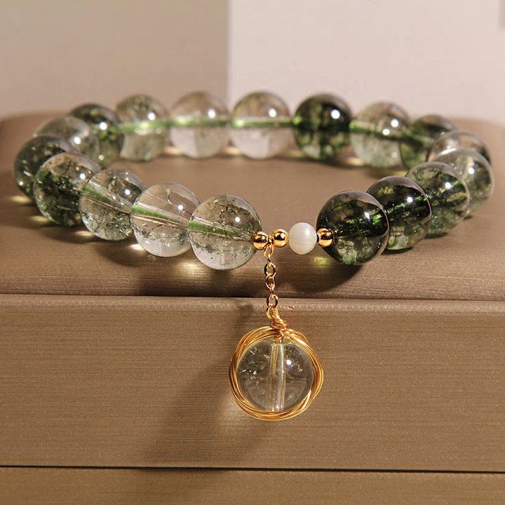 Pulsera de la suerte de cristal fantasma verde natural con Buddha Stones
