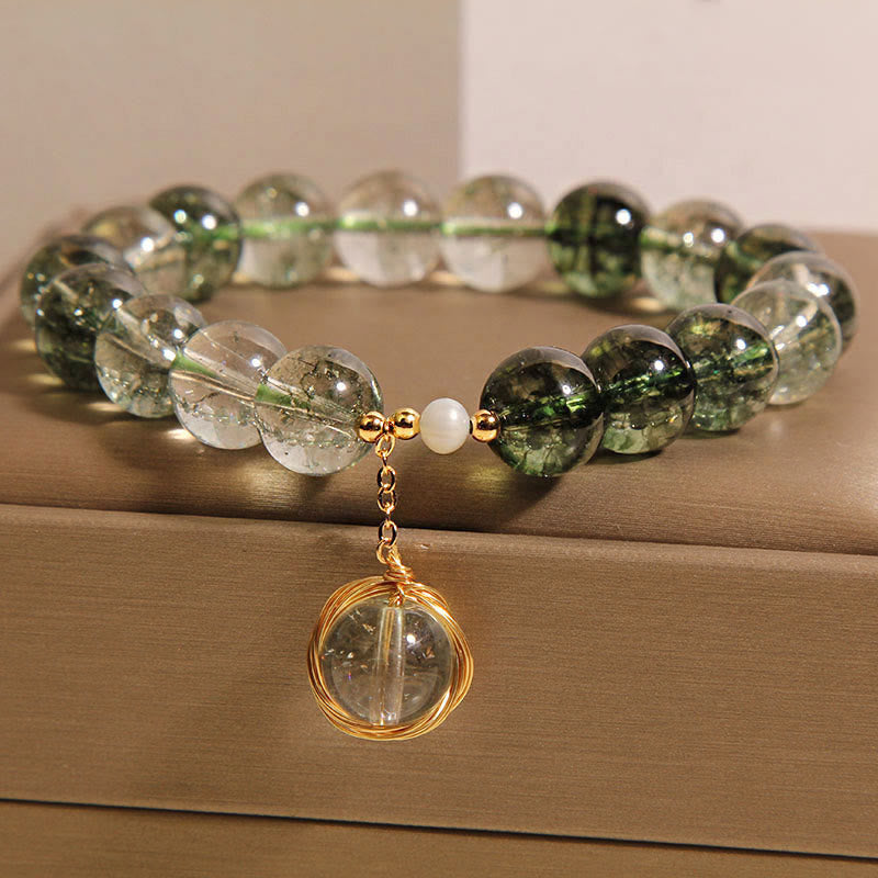 Pulsera de la suerte de cristal fantasma verde natural con Buddha Stones
