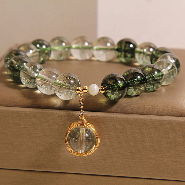 Pulsera de la suerte de cristal fantasma verde natural con Buddha Stones