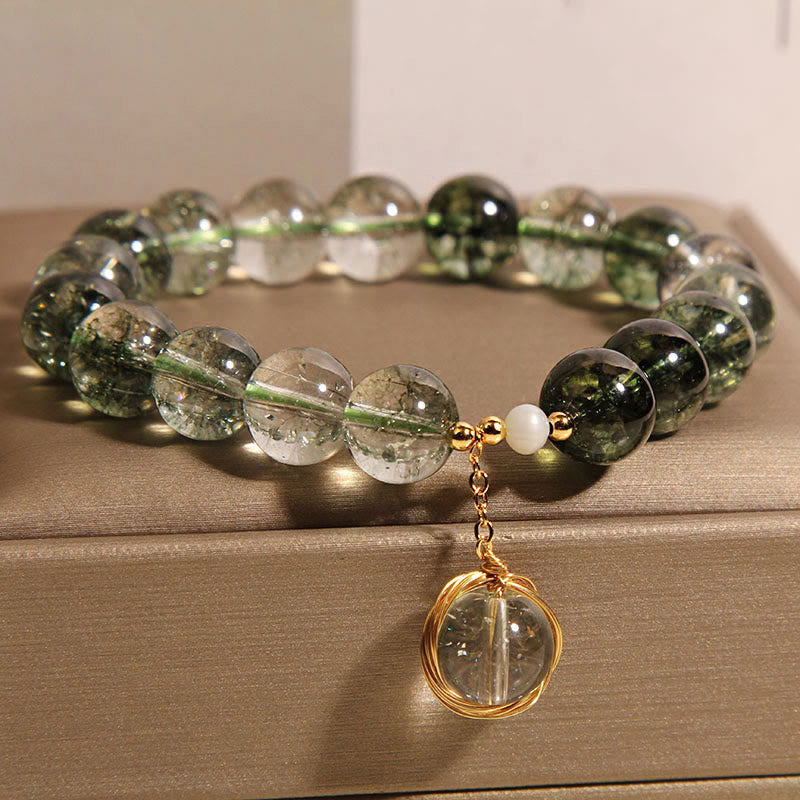 Pulsera de la suerte de cristal fantasma verde natural con Buddha Stones