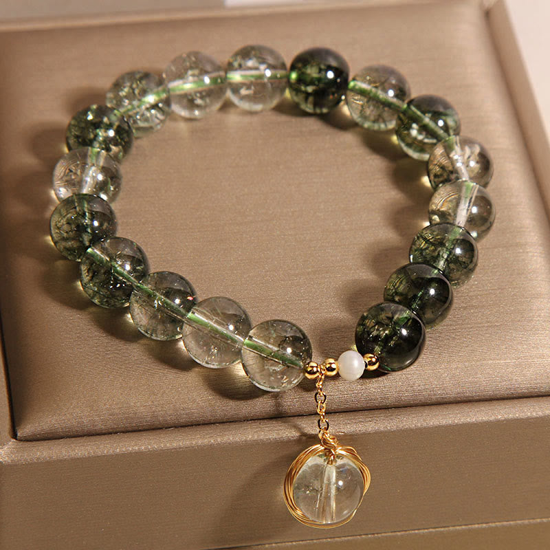 Pulsera de la suerte de cristal fantasma verde natural con Buddha Stones