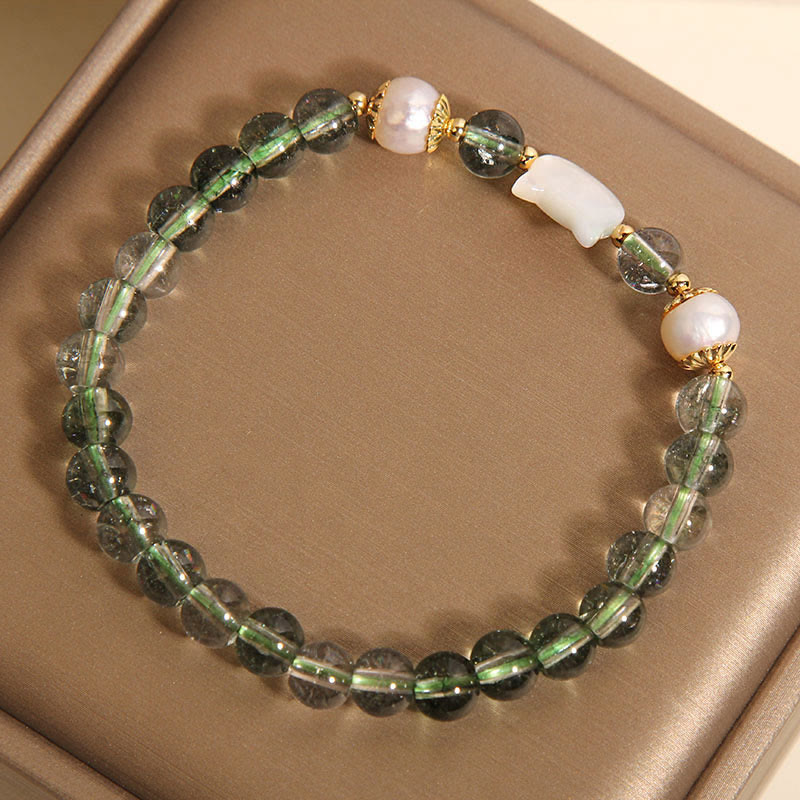 Pulsera de la suerte con cabeza de gato y concha de perla fantasma verde natural de Buddha Stones - image 3
