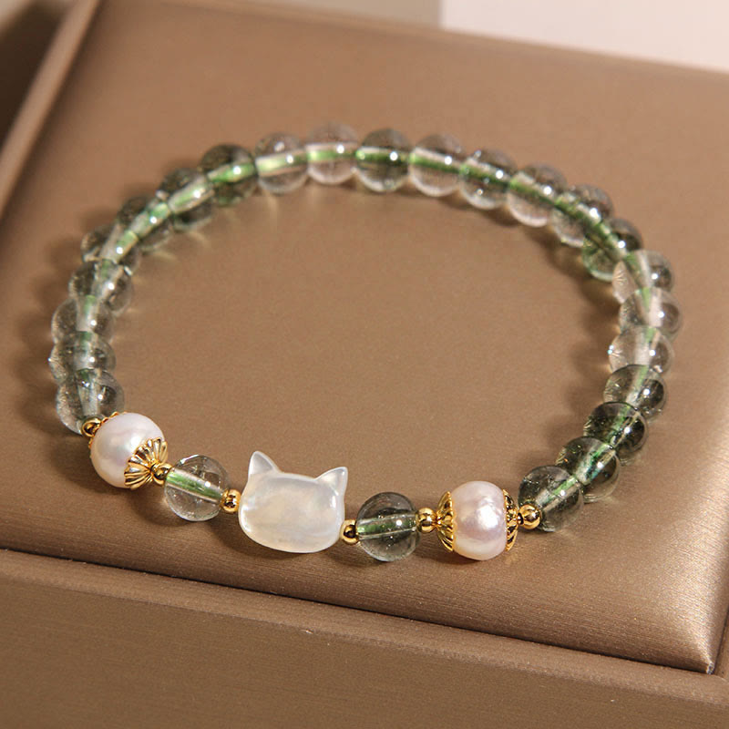 Pulsera de la suerte con cabeza de gato y concha de perla fantasma verde natural de Buddha Stones - Fantasma Verde (circunferencia de muñeca 14-16 cm) - image 1