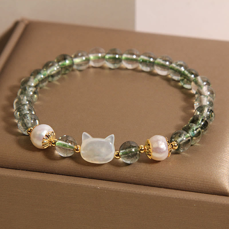 Pulsera de la suerte con cabeza de gato y concha de perla fantasma verde natural de Buddha Stones - image 6
