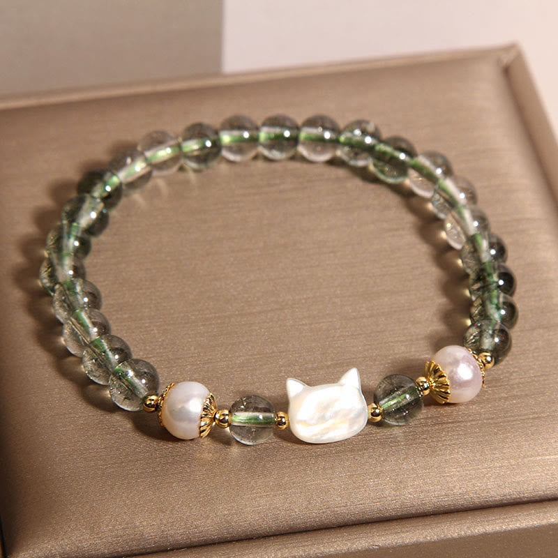 Pulsera de la suerte con cabeza de gato y concha de perla fantasma verde natural de Buddha Stones - image 2