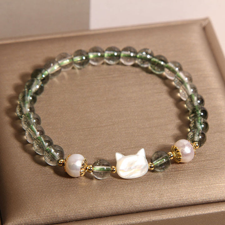Pulsera de la suerte con cabeza de gato y concha de perla fantasma verde natural de Buddha Stones - image 2