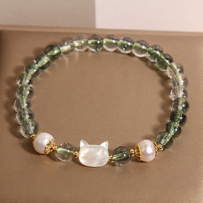 Pulsera de la suerte con cabeza de gato y concha de perla fantasma verde natural de Buddha Stones - image 4