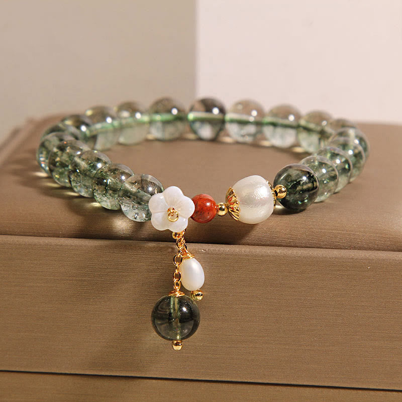 Pulsera positiva con flor de concha de perla fantasma verde natural de Buddha Stones