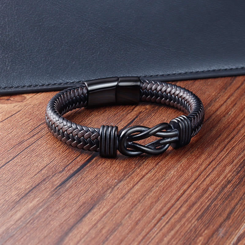 Pulsera de cuero con hebilla de equilibrio de acero y titanio con diseño de nudo infinito de Buddha Stones