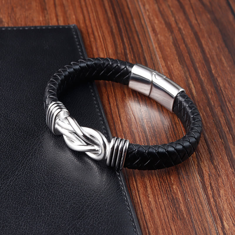 Pulsera de cuero con hebilla de equilibrio de acero y titanio con diseño de nudo infinito de Buddha Stones