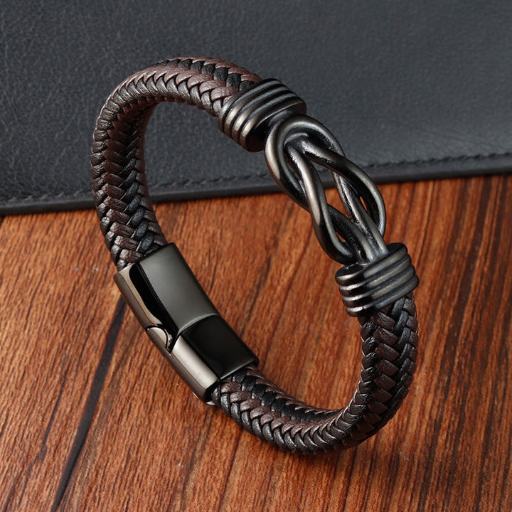 Pulsera de cuero con hebilla de equilibrio de acero y titanio con diseño de nudo infinito de Buddha Stones