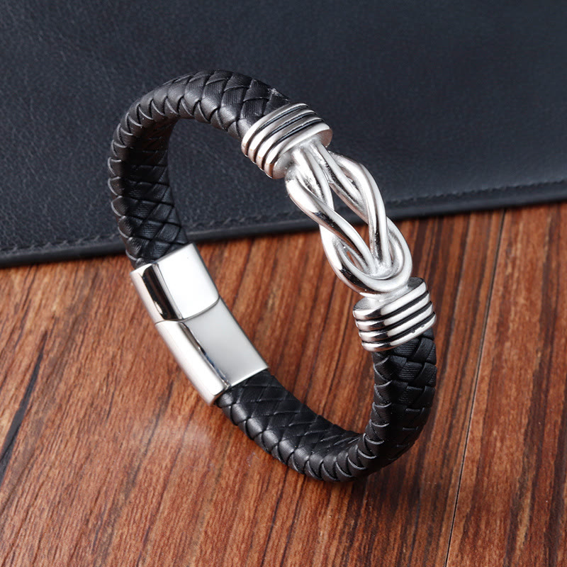 Pulsera de cuero con hebilla de equilibrio de acero y titanio con diseño de nudo infinito de Buddha Stones