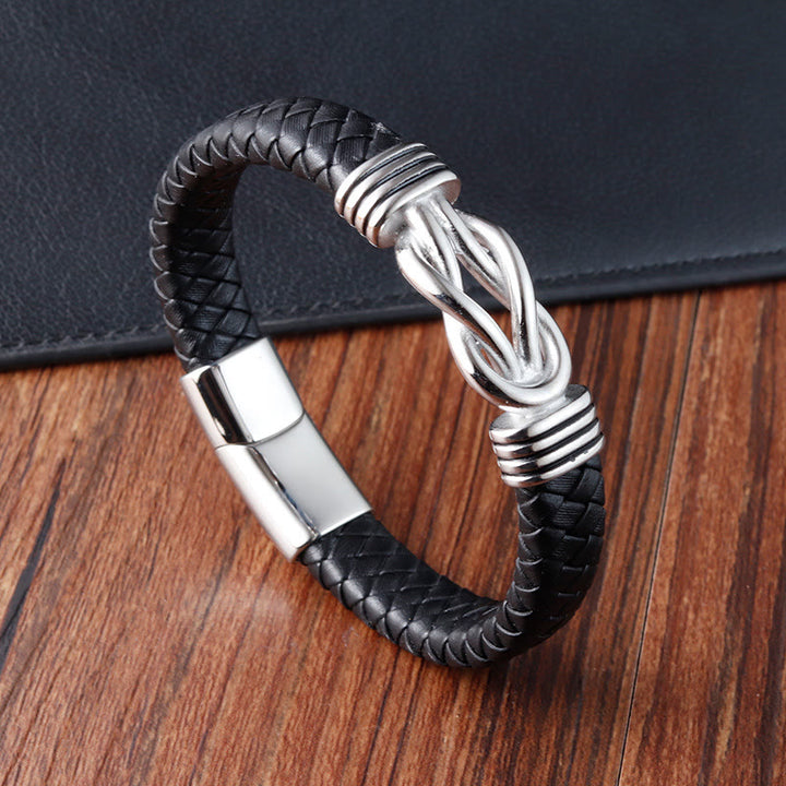 Pulsera de cuero con hebilla de equilibrio de acero y titanio con diseño de nudo infinito de Buddha Stones