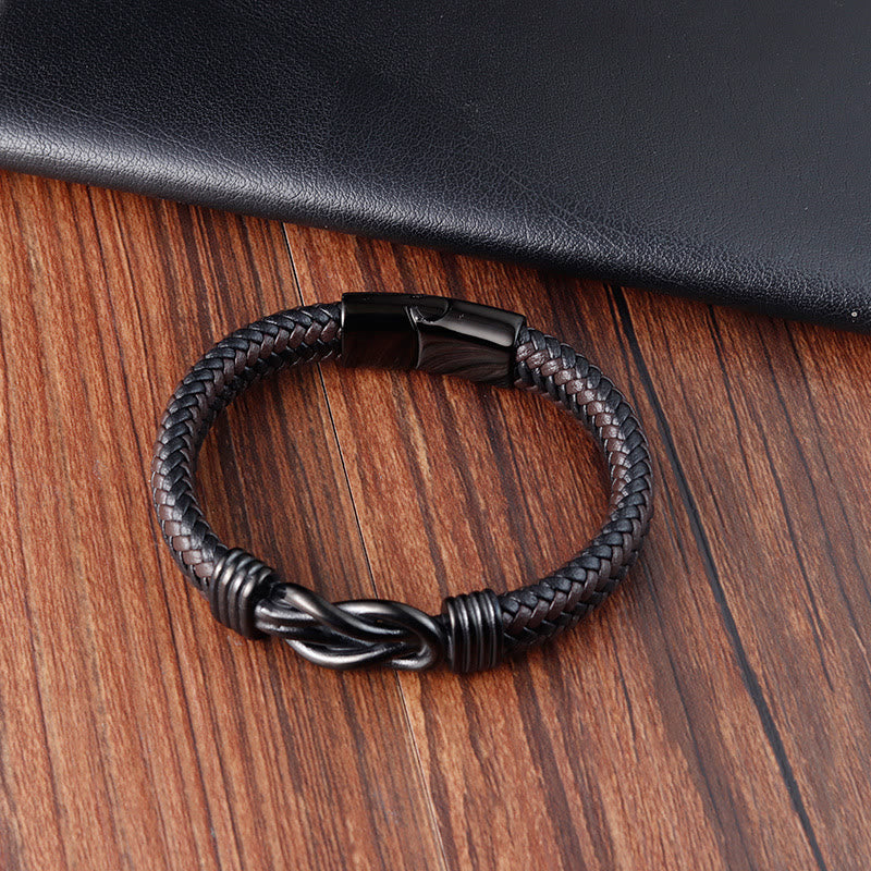 Pulsera de cuero con hebilla de equilibrio de acero y titanio con diseño de nudo infinito de Buddha Stones