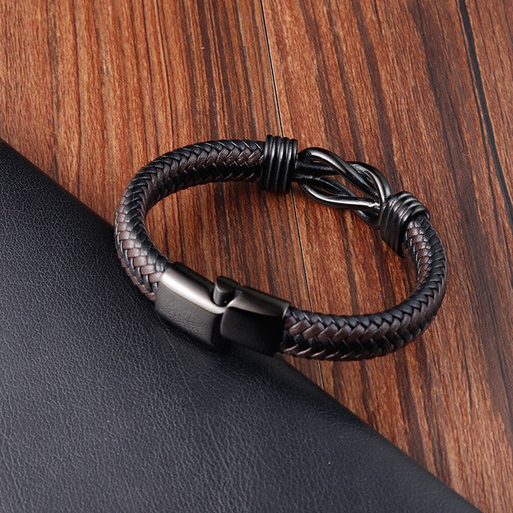 Pulsera de cuero con hebilla de equilibrio de acero y titanio con diseño de nudo infinito de Buddha Stones