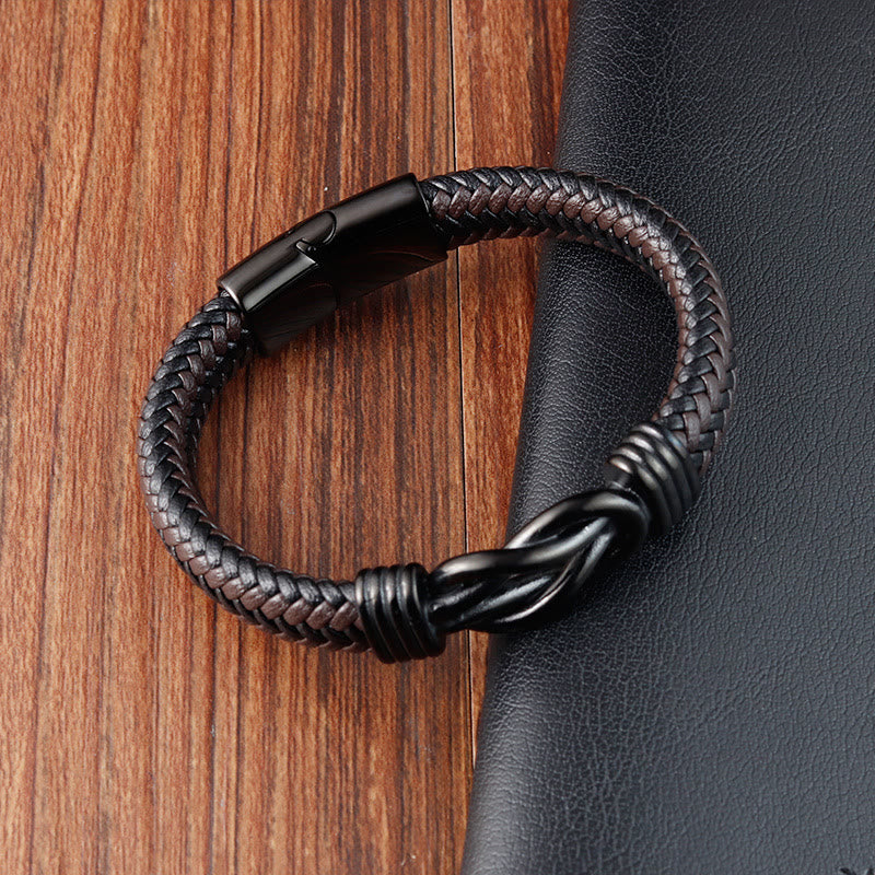 Pulsera de cuero con hebilla de equilibrio de acero y titanio con diseño de nudo infinito de Buddha Stones
