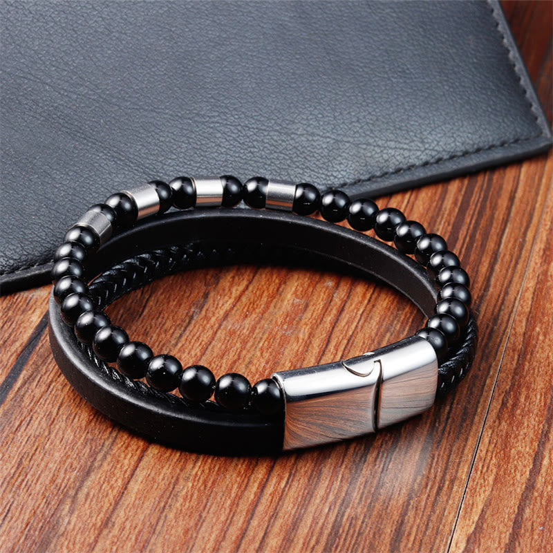 Pulsera con hebilla de equilibrio de acero y titanio de cuero multicapa con piedras esmeriladas de Buddha Stones
