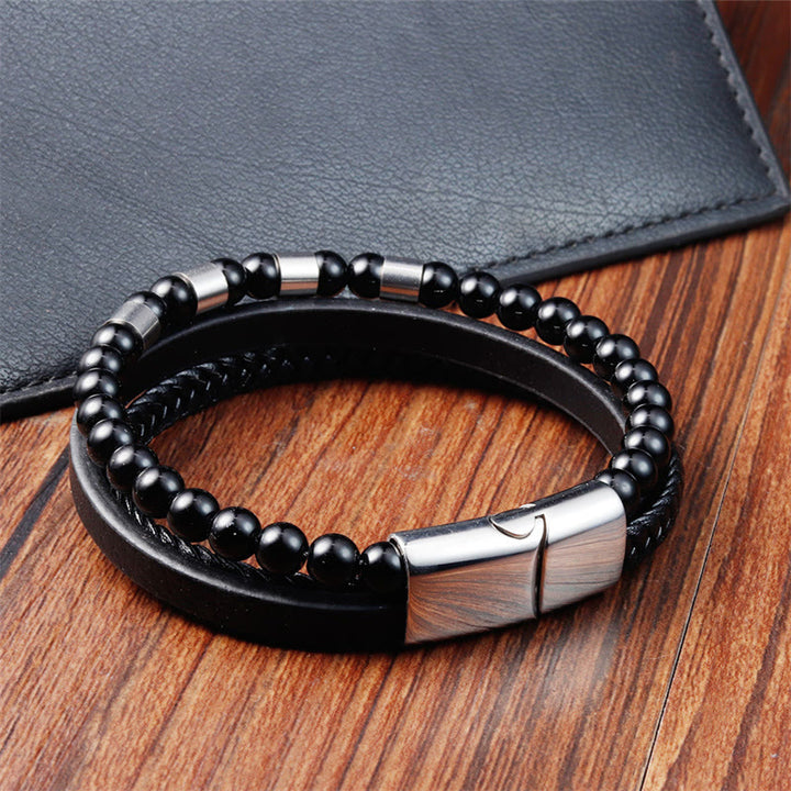 Pulsera con hebilla de equilibrio de acero y titanio de cuero multicapa con piedras esmeriladas de Buddha Stones