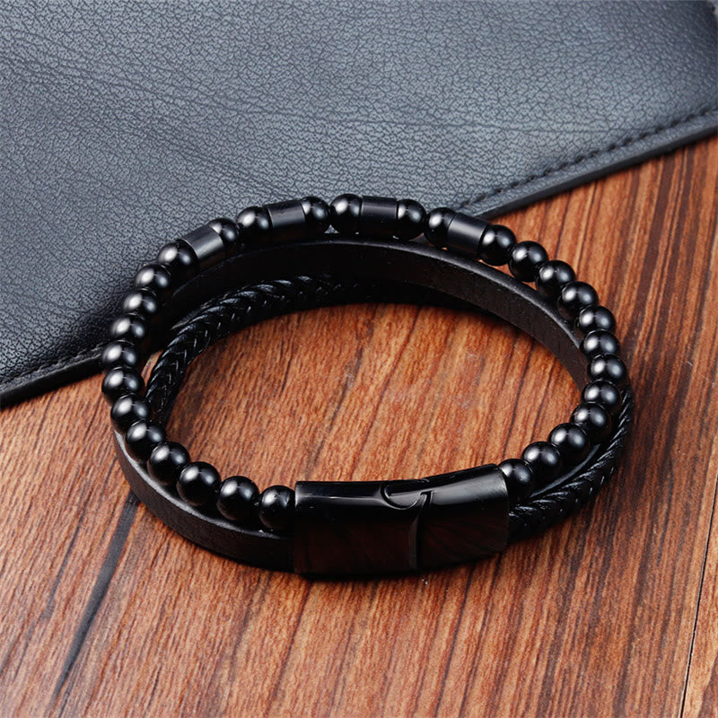 Pulsera con hebilla de equilibrio de acero y titanio de cuero multicapa con piedras esmeriladas de Buddha Stones