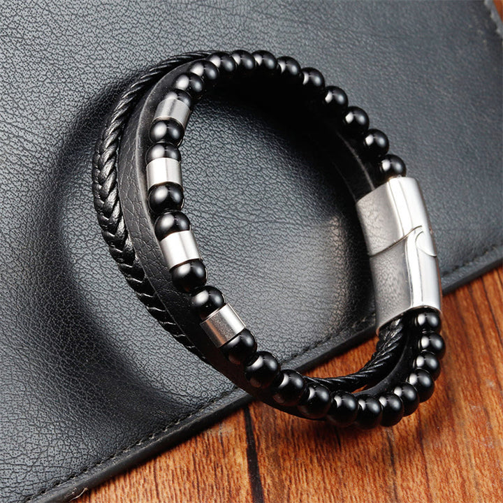 Pulsera con hebilla de equilibrio de acero y titanio de cuero multicapa con piedras esmeriladas de Buddha Stones