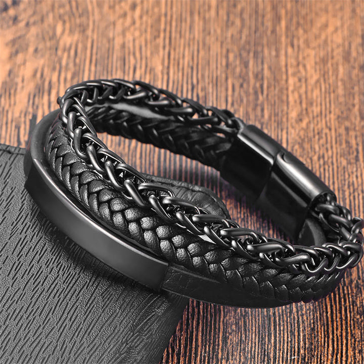 Pulsera de cuero multicapa con hebilla de estimulación de acero y titanio con diseño de Buddha Stones