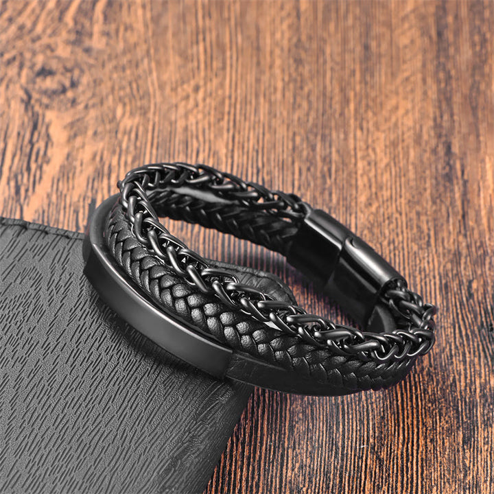 Pulsera de cuero multicapa con hebilla de estimulación de acero y titanio con diseño de Buddha Stones