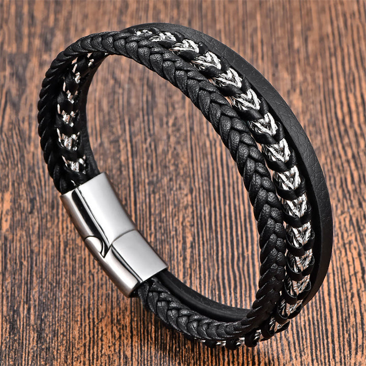 Pulsera de cuero multicapa con diseño trenzado de Buddha Stones , acero de titanio y hebilla de calma.