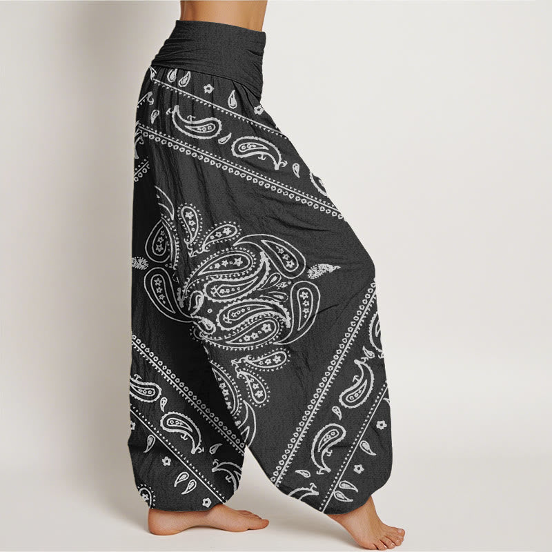 Pantalones bombachos de cintura elástica para mujer, de algodón, estilo casual, con estampado floral de hojas y cachemir , de Buddha Stones. - image 1