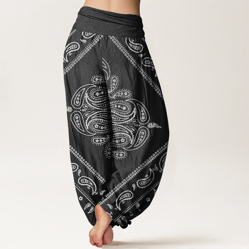 Pantalones bombachos de cintura elástica para mujer, de algodón, estilo casual, con estampado floral de hojas y cachemir , de Buddha Stones. - image 2