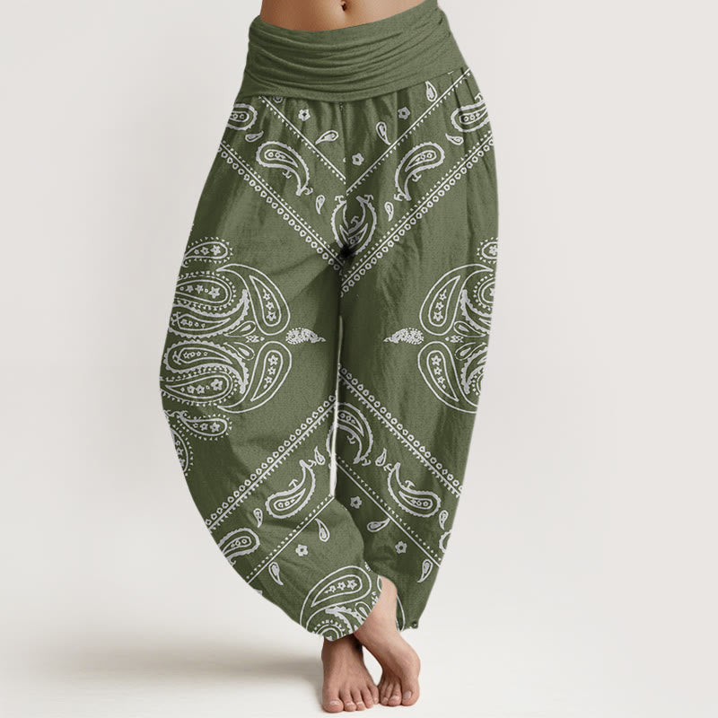 Pantalones bombachos de cintura elástica para mujer, de algodón, estilo casual, con estampado floral de hojas y cachemir , de Buddha Stones. - Verde mar oscuro - US22，UK/AU26，EU54 (6XL) - image 4