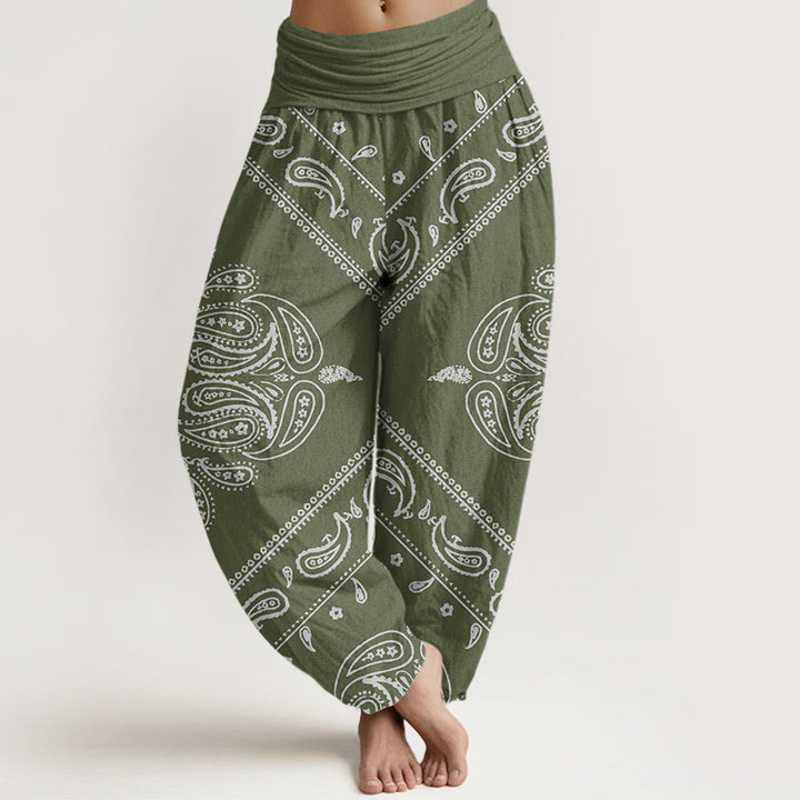 Pantalones bombachos de cintura elástica para mujer, de algodón, estilo casual, con estampado floral de hojas y cachemir , de Buddha Stones. - Verde mar oscuro - US22，UK/AU26，EU54 (6XL) - image 4