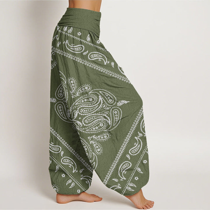 Pantalones bombachos de cintura elástica para mujer, de algodón, estilo casual, con estampado floral de hojas y cachemir , de Buddha Stones. - image 6