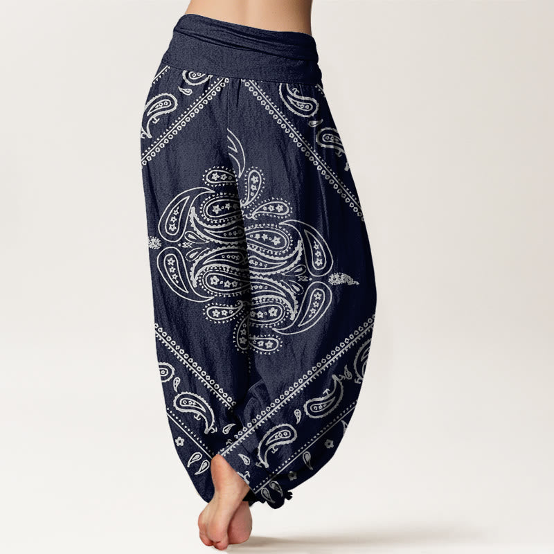 Pantalones bombachos de cintura elástica para mujer, de algodón, estilo casual, con estampado floral de hojas y cachemir , de Buddha Stones. - image 9