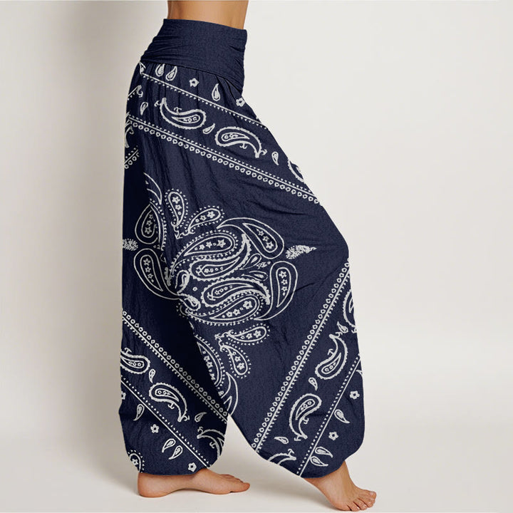 Pantalones bombachos de cintura elástica para mujer, de algodón, estilo casual, con estampado floral de hojas y cachemir , de Buddha Stones. - image 8