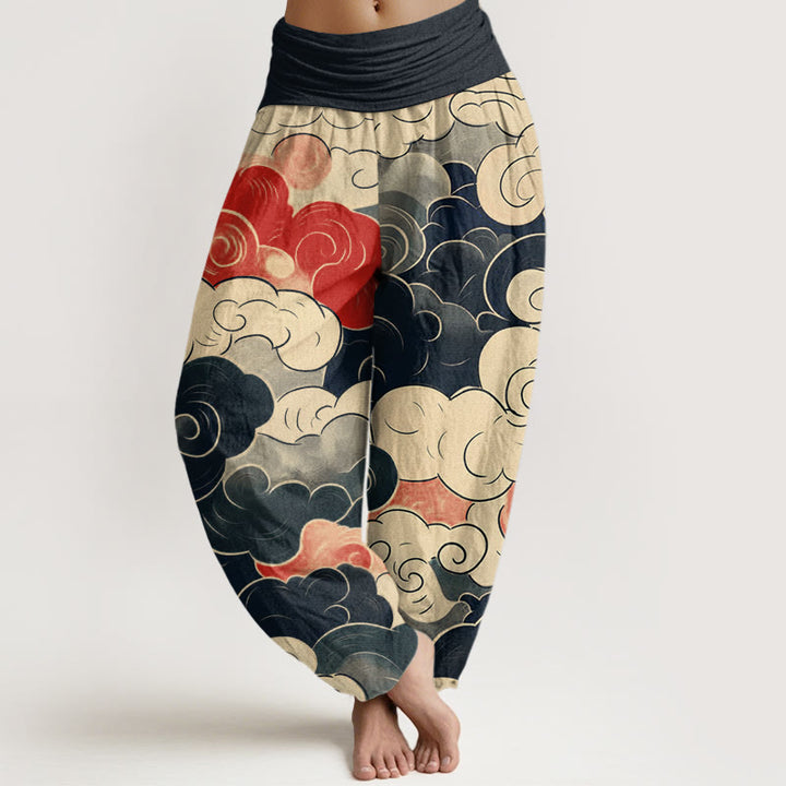 Pantalones bombachos de cintura elástica para mujer, de algodón, estilo casual, con estampado de nubes auspiciosas y Buddha Stones. - Gris pizarra oscuro - US22，UK/AU26，EU54 (6XL) - image 0