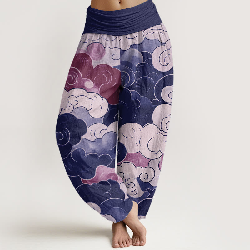 Pantalones bombachos de cintura elástica para mujer, de algodón, estilo casual, con estampado de nubes auspiciosas y Buddha Stones. - Azul pizarra oscuro - US22，UK/AU26，EU54 (6XL) - image 4